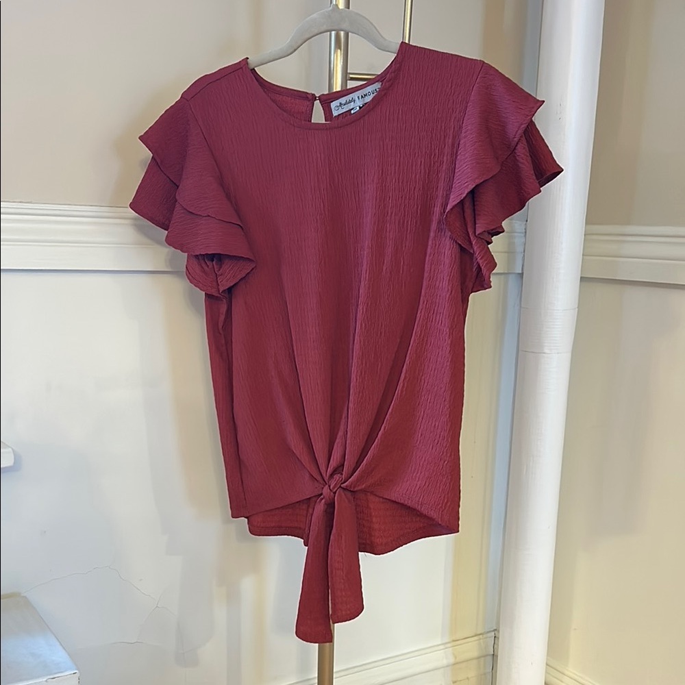 Almost Famous - Red Flutter Sleeve Blouse with Ruffled Tie Front